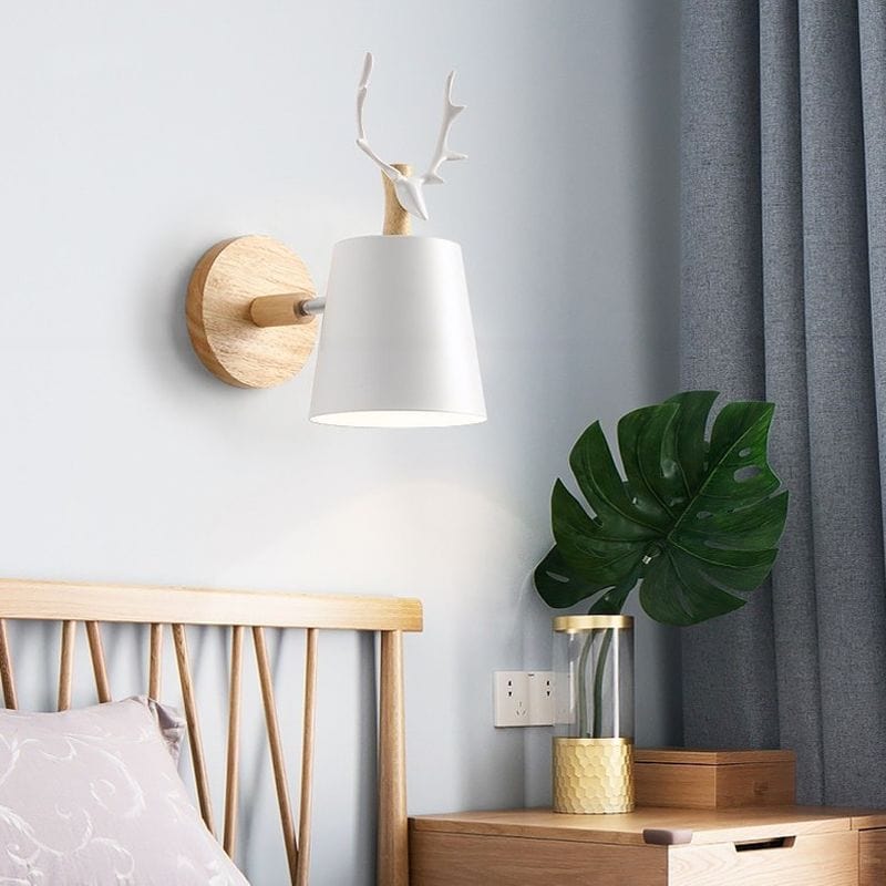 Metal Shade Wall Sconce with Wooden Base and Antler Design Norenza