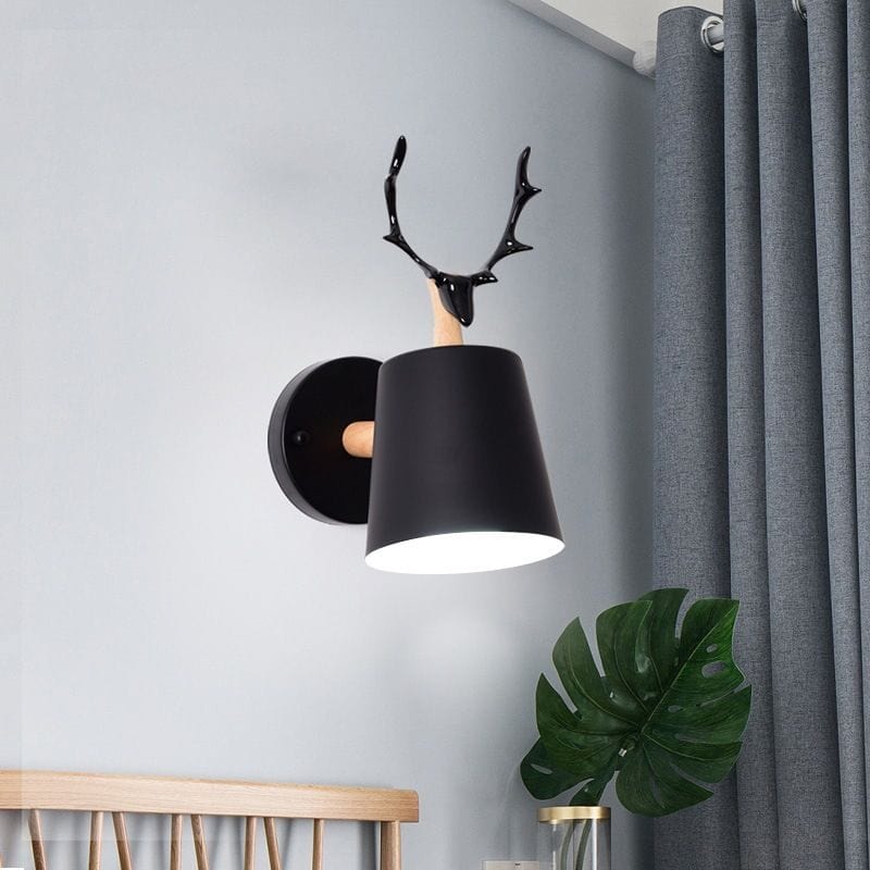Metal Shade Wall Sconce with Wooden Base and Antler Design Norenza