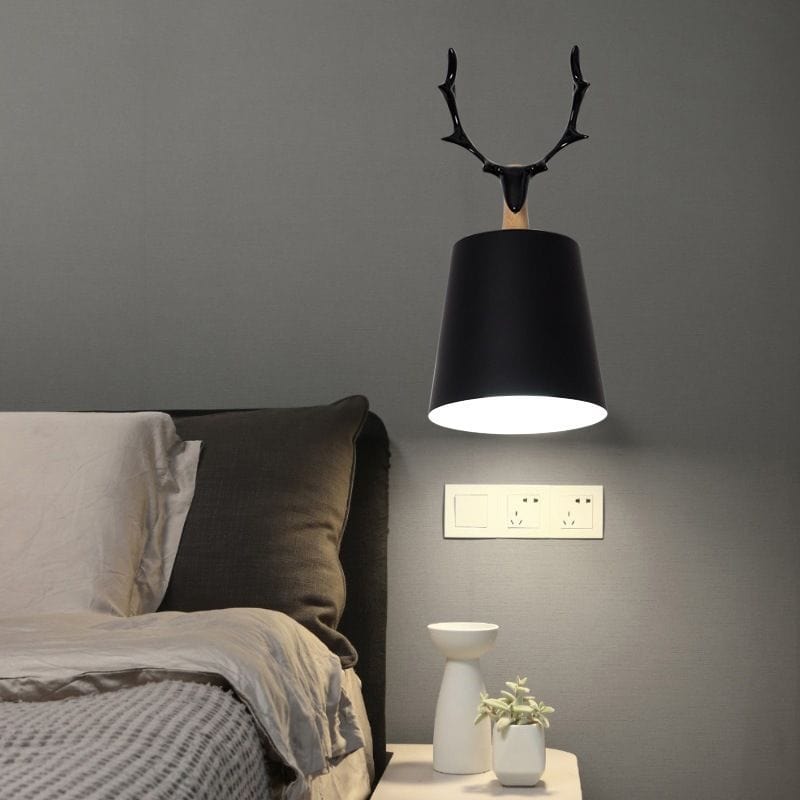 Metal Shade Wall Sconce with Wooden Base and Antler Design Norenza