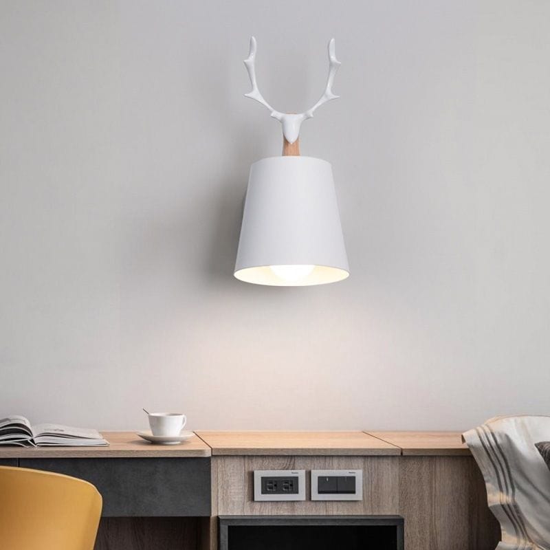 Metal Shade Wall Sconce with Wooden Base and Antler Design Norenza