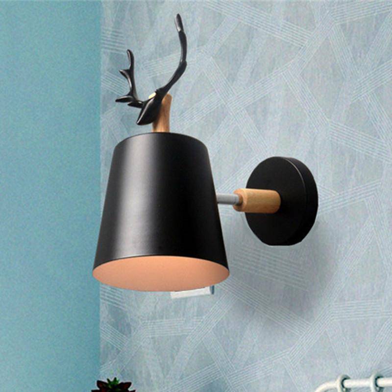 Metal Shade Wall Sconce with Wooden Base and Antler Design Norenza