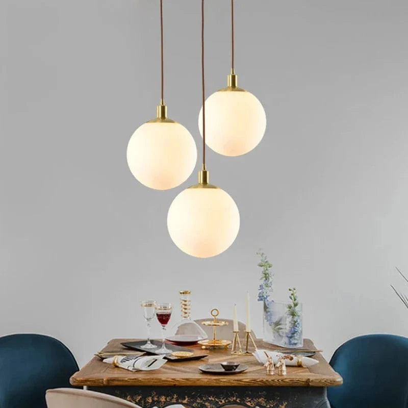 Minimalist Brass Suspension Light with Milky Glass Orb Norenza