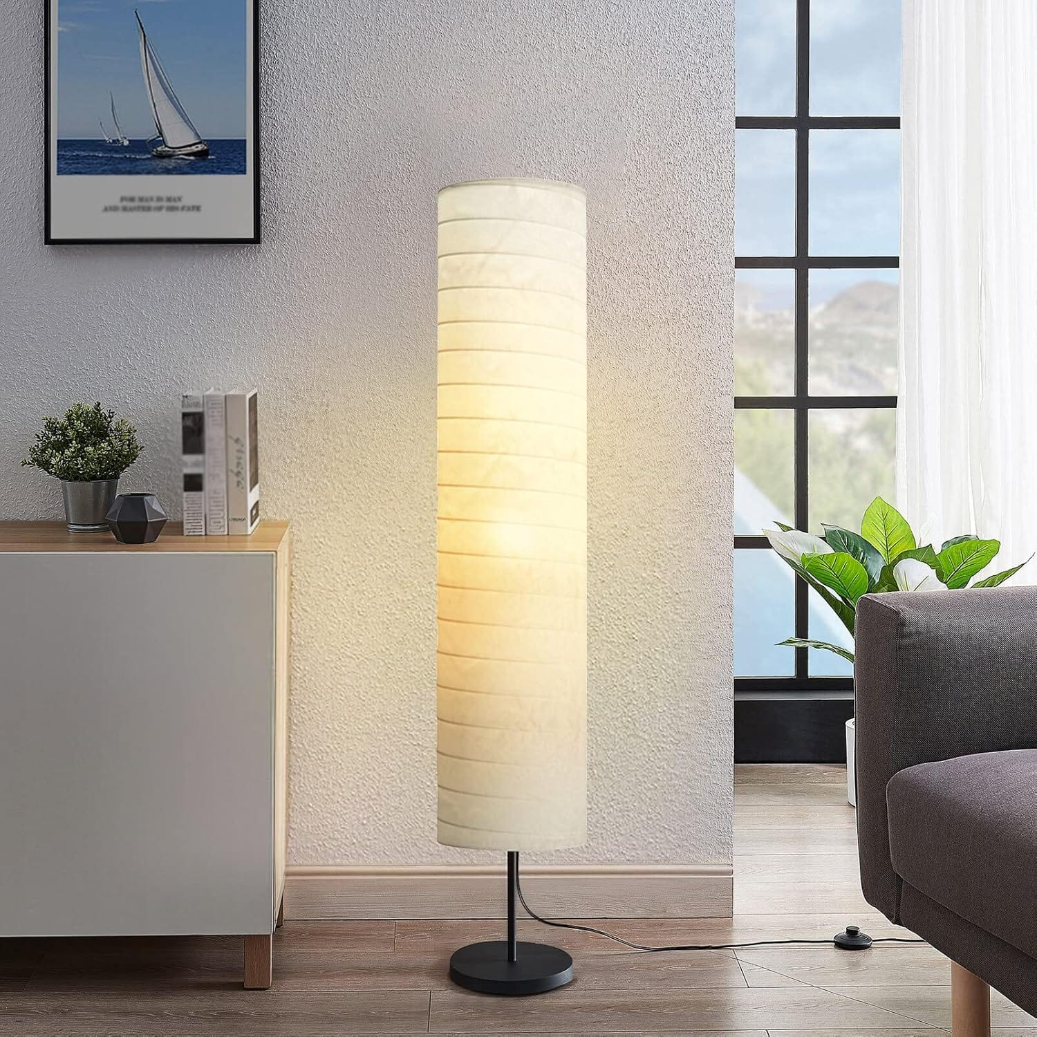 Modern Floor Lamp with Cylindrical Paper Shade Norenza