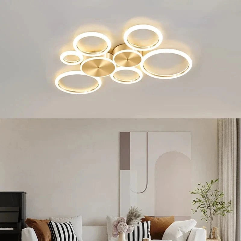 Modern LED Ceiling Light Fixture - Simple Aluminum Chandelier for Living Room, Bedroom, Dining Room - Golden Circle Rings Ceiling Light Norenza