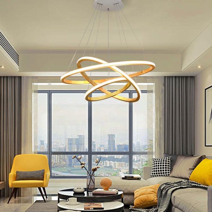Modern LED Chandelier with Illuminated Wooden Ring Ibarne Norenza