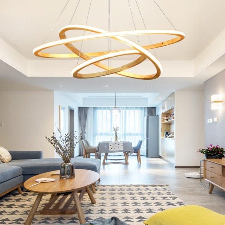 Modern LED Chandelier with Illuminated Wooden Ring Ibarne Norenza