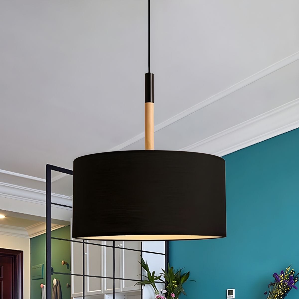 Modern LED Pendant Light with Fabric Shade and Wooden Rod Black Norenza