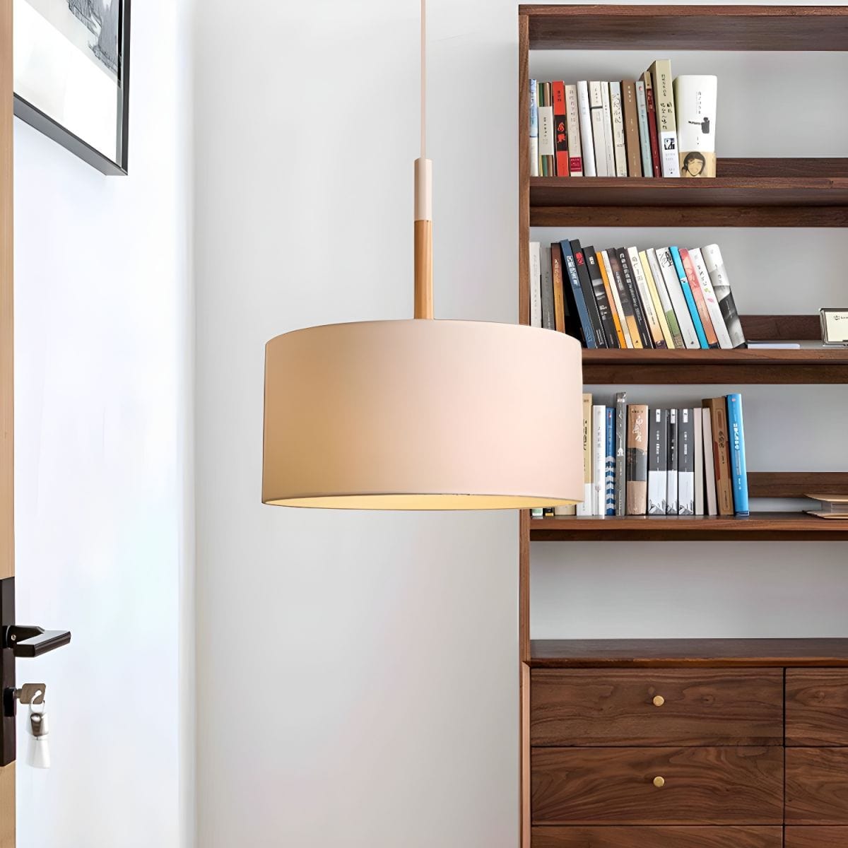 Modern LED Pendant Light with Fabric Shade and Wooden Rod Norenza