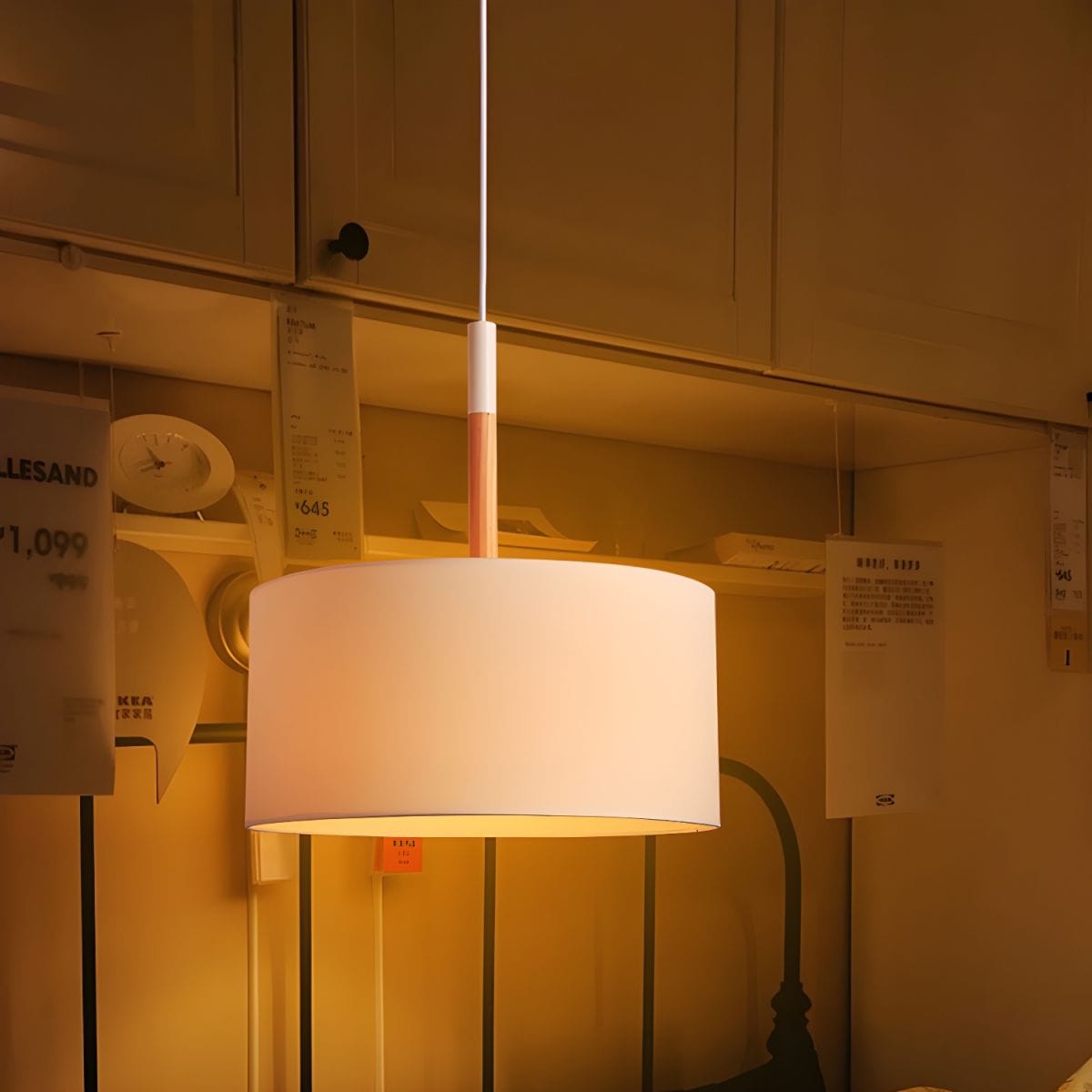 Modern LED Pendant Light with Fabric Shade and Wooden Rod Norenza