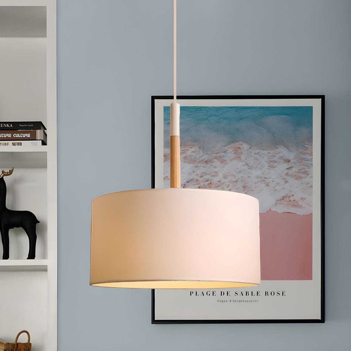 Modern LED Pendant Light with Fabric Shade and Wooden Rod Norenza