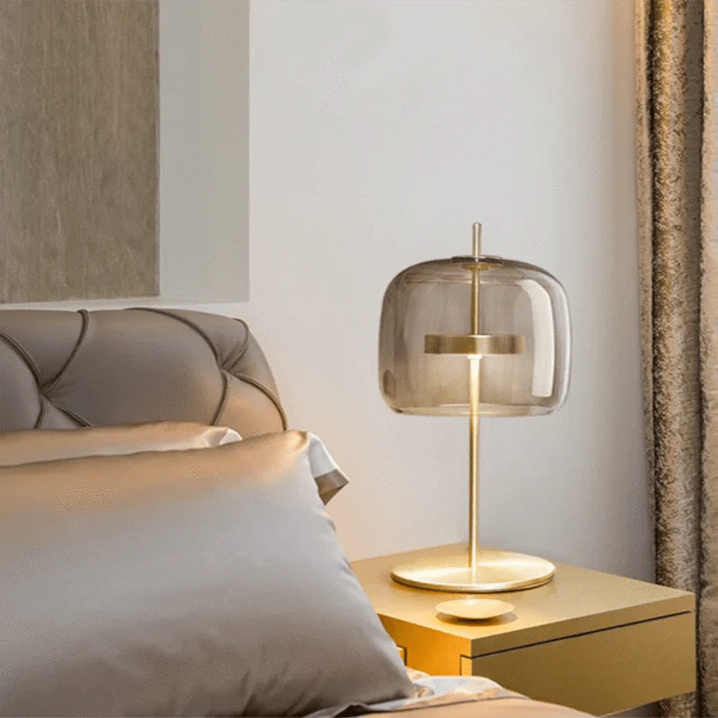 Modern LED Table Lamp with Gold Metal and Vintage Glass Shade Norenza