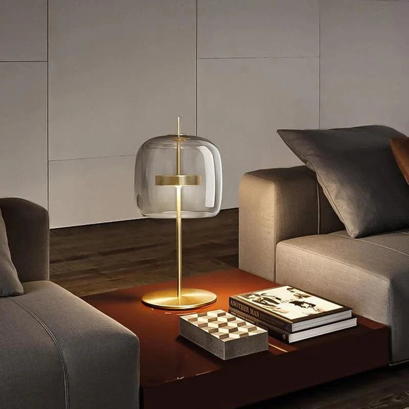 Modern LED Table Lamp with Gold Metal and Vintage Glass Shade Norenza
