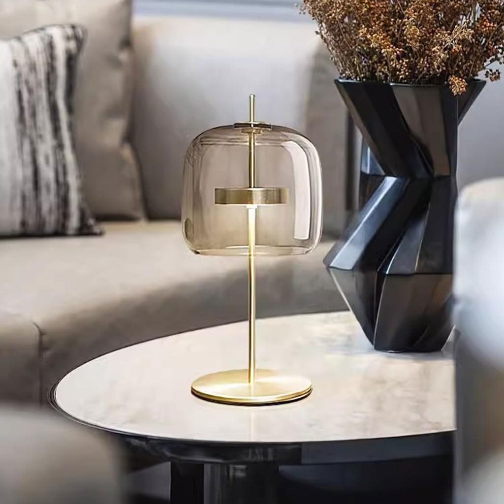 Modern LED Table Lamp with Gold Metal and Vintage Glass Shade Norenza