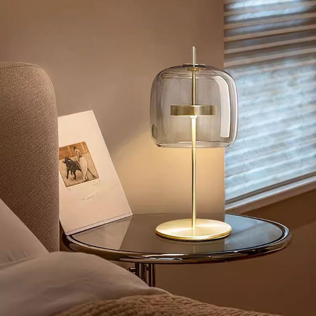 Modern LED Table Lamp with Gold Metal and Vintage Glass Shade Norenza