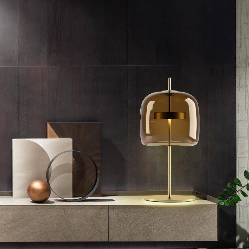 Modern LED Table Lamp with Gold Metal and Vintage Glass Shade Norenza