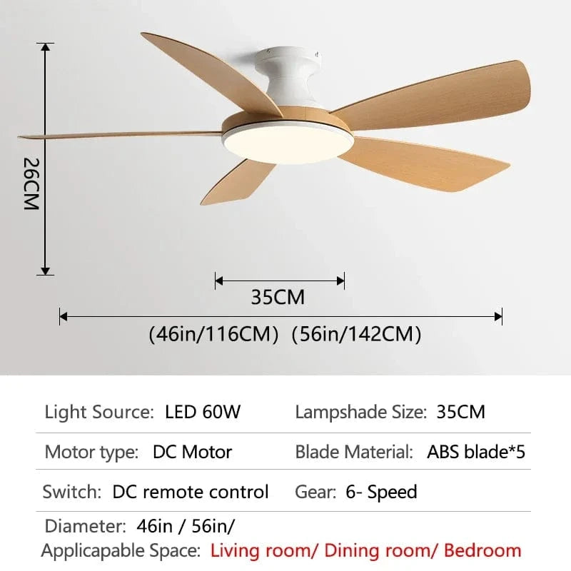 Modern Low Profile Ceiling Fan with LED Light and Remote Control Natural Wood Norenza