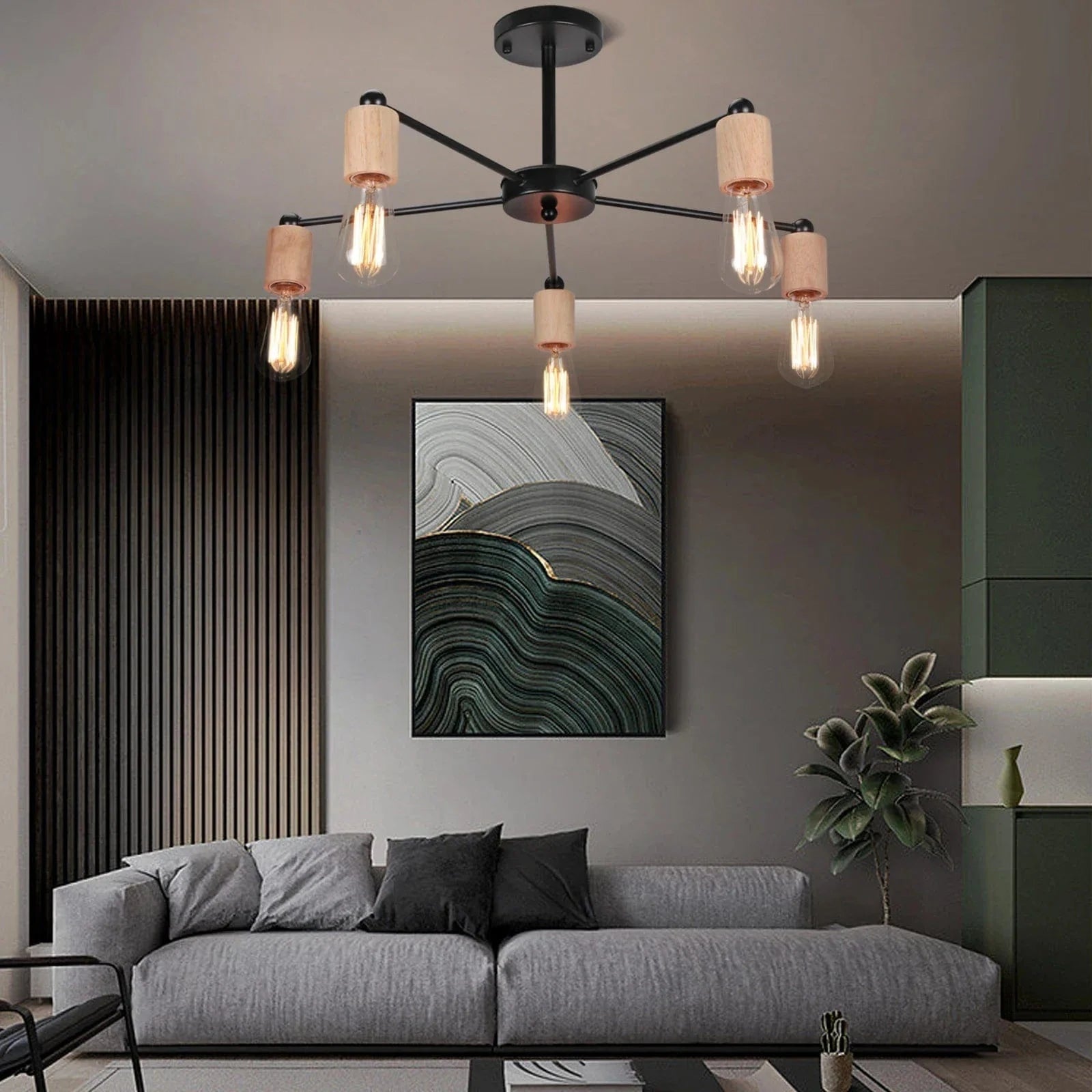 Modern Wood and Iron Sputnik Industrial Chandelier Norenza