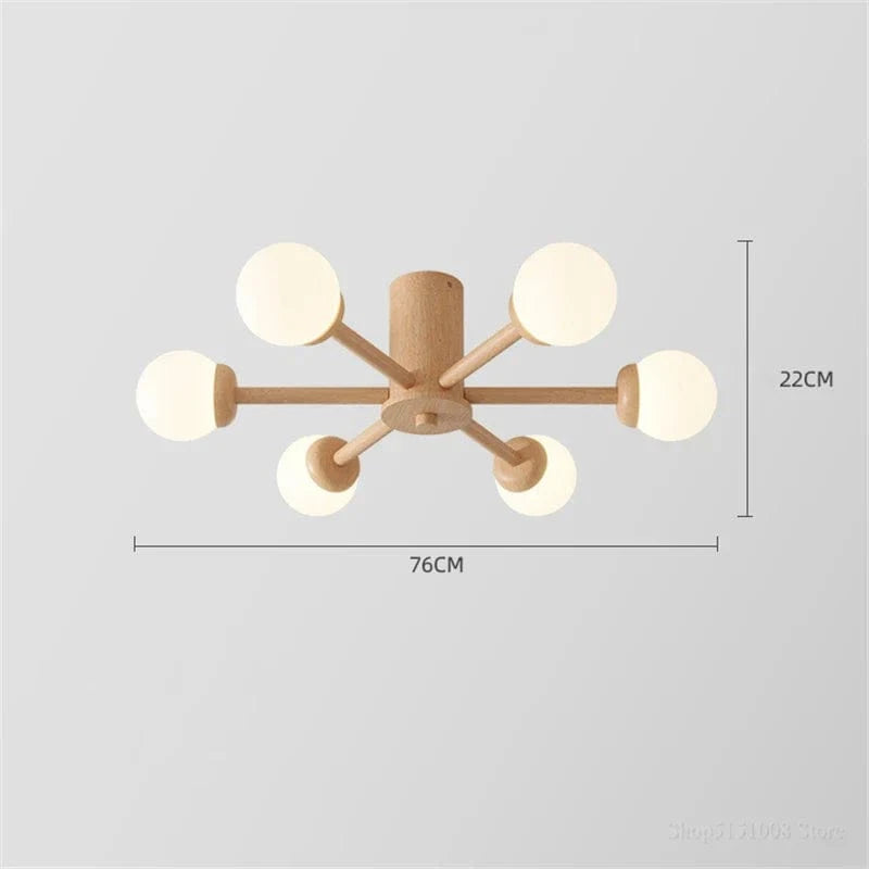 Modern Wooden Ceiling Light with Glass Ball Shade 6 lights Norenza