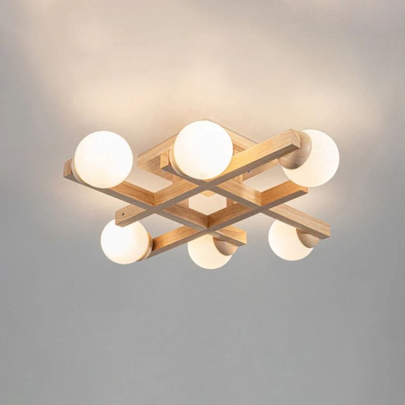 Modern Wooden Ceiling Light with Glass Shade for Living Room 6 lights Norenza