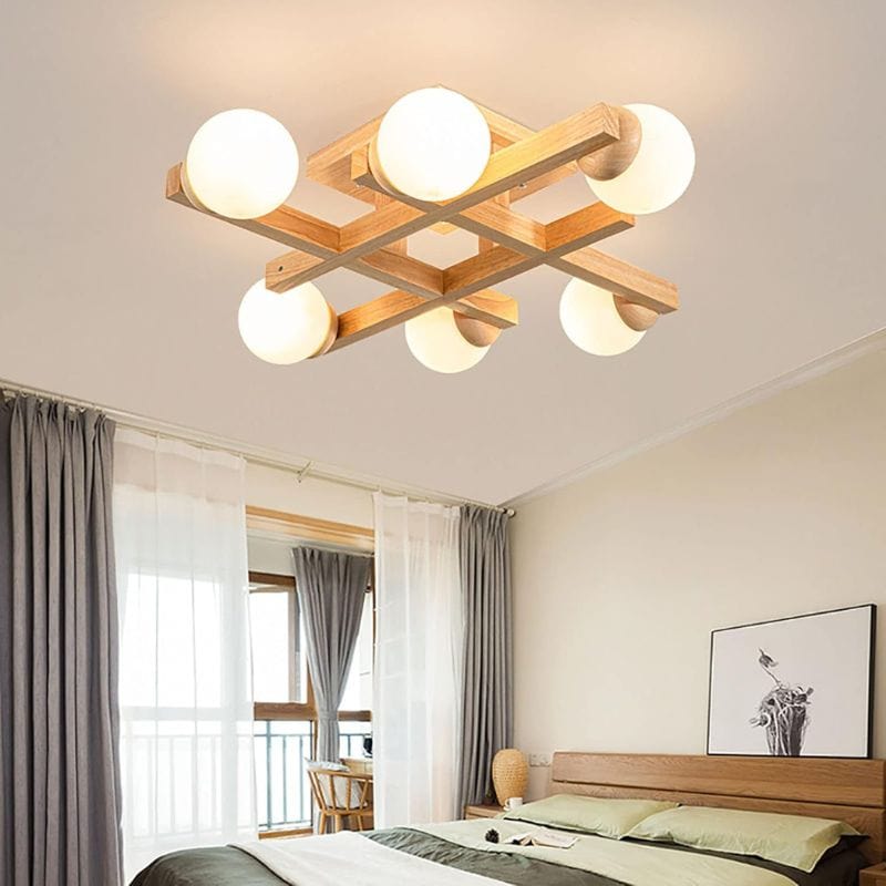 Modern Wooden Ceiling Light with Glass Shade for Living Room Norenza
