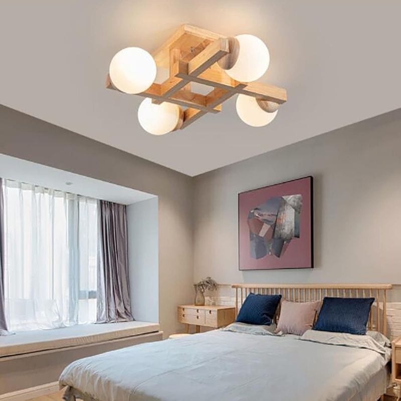 Modern Wooden Ceiling Light with Glass Shade for Living Room Norenza