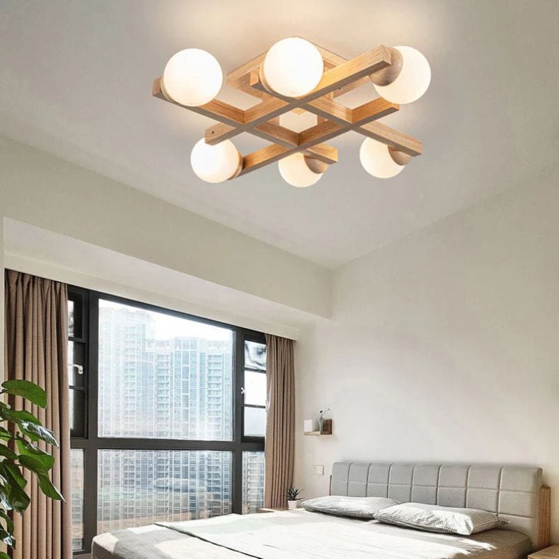Modern Wooden Ceiling Light with Glass Shade for Living Room Norenza