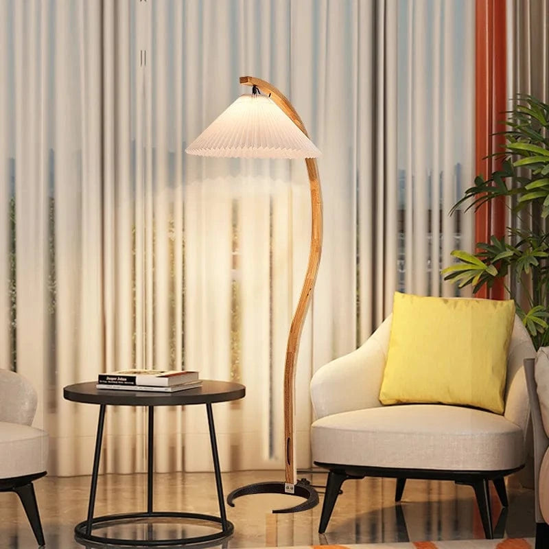 Natural Wood and Walnut Pleated LED Floor Lamp Norenza