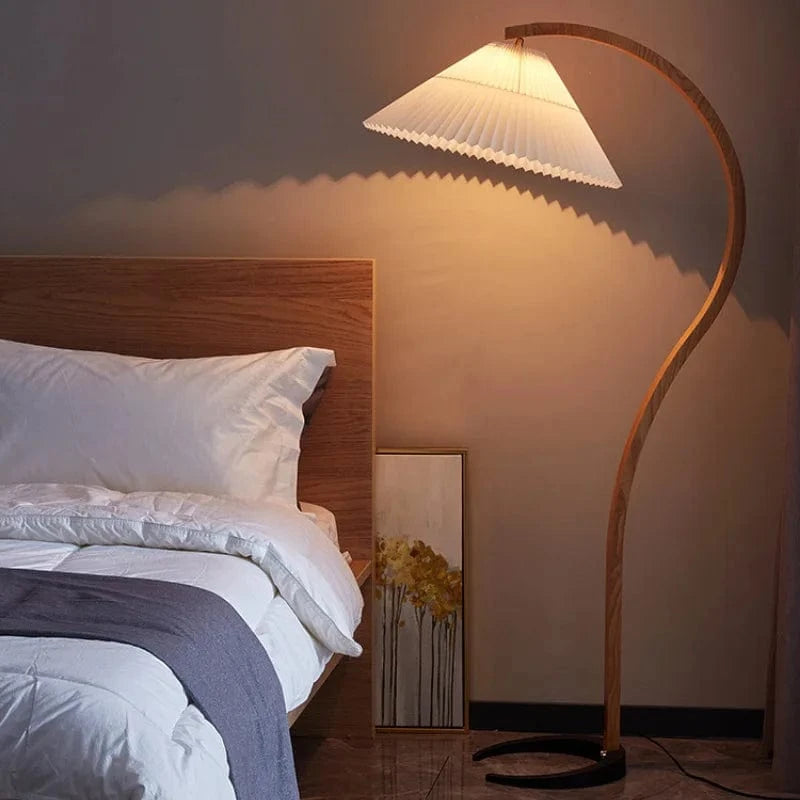 Natural Wood and Walnut Pleated LED Floor Lamp Norenza