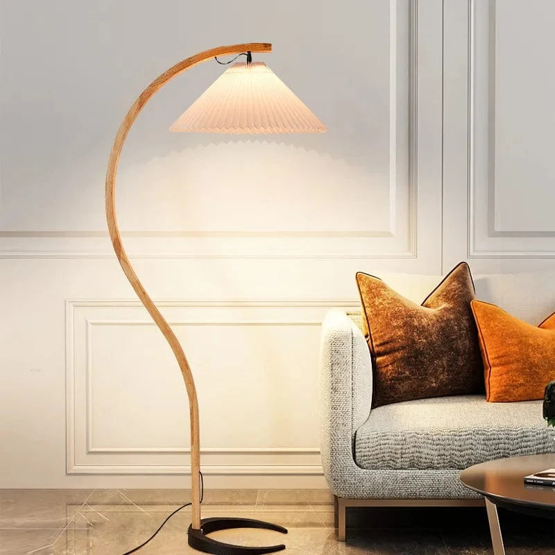 Natural Wood and Walnut Pleated LED Floor Lamp Norenza