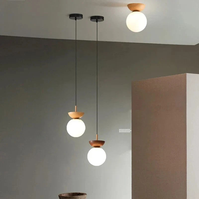 Nordic Round LED Ceiling Light with Wood Grain and Glass Shade Norenza