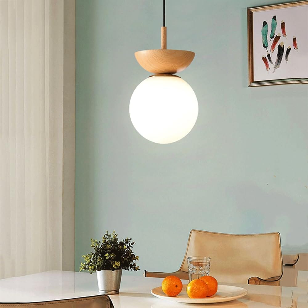 Nordic Round LED Ceiling Light with Wood Grain and Glass Shade Norenza
