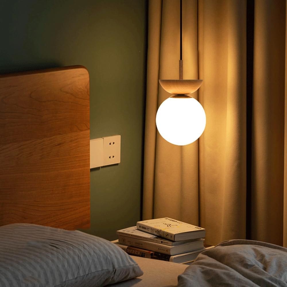 Nordic Round LED Ceiling Light with Wood Grain and Glass Shade Norenza