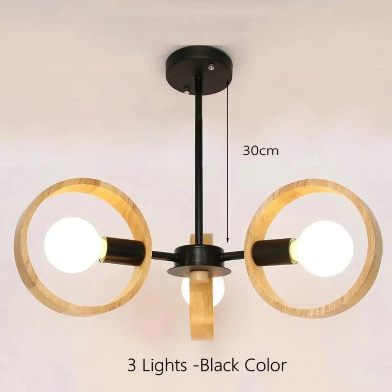 Nordic Wooden Chandelier Lamp for Living Room, Bedroom, Dining Room - Black Round Wood Shade E27 Pendant Light Black / 3 lights Norenza