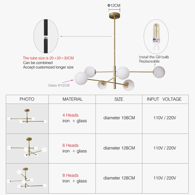Modern Nordic Brass Glass Chandelier Lighting for Home Decor