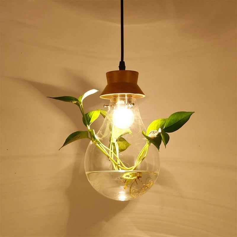 Suspension bocal en verre à fleur et support en bois