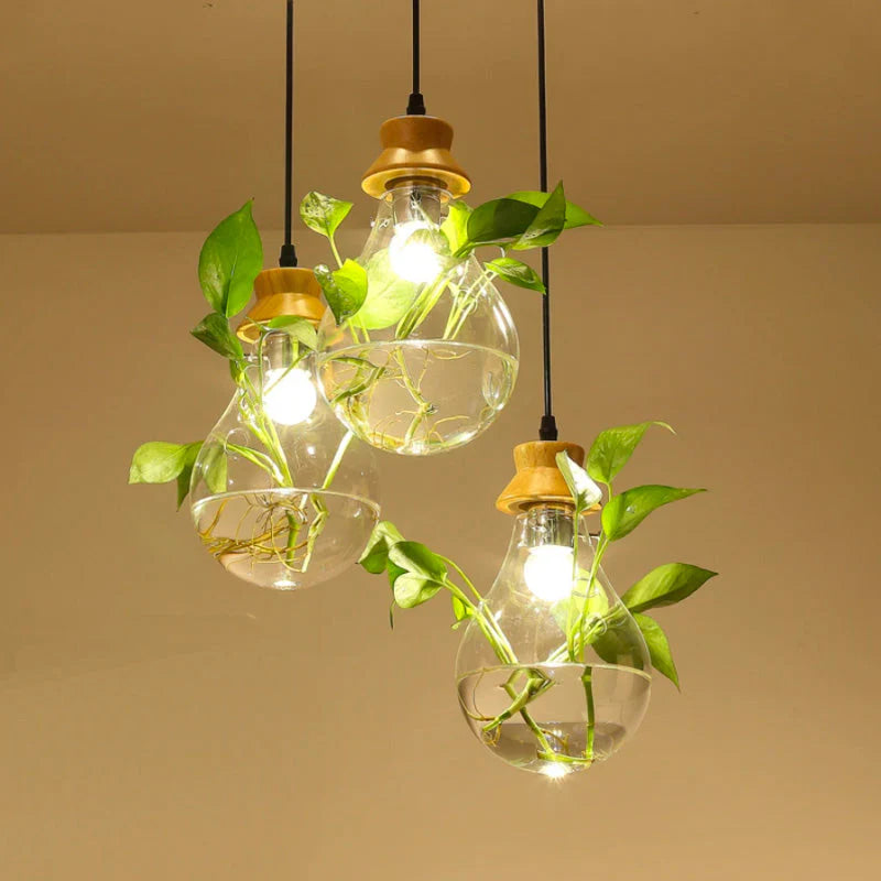 Suspension bocal en verre à fleur et support en bois