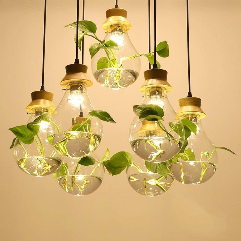 Suspension bocal en verre à fleur et support en bois