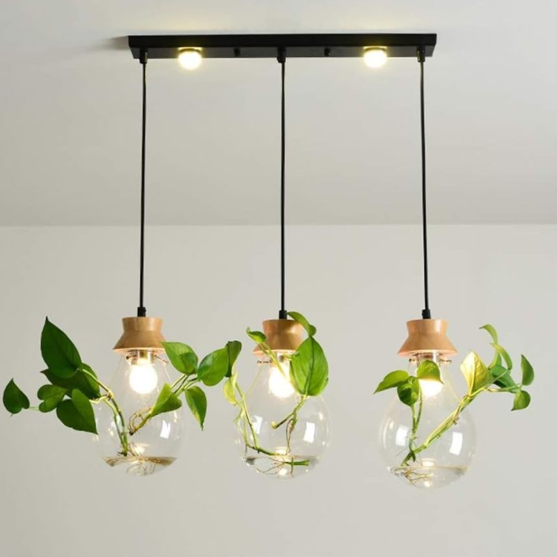 Suspension bocal en verre à fleur et support en bois