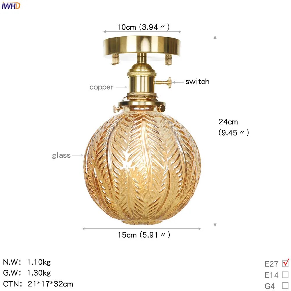 Nordic Copper Ceiling Light with Glass Shade