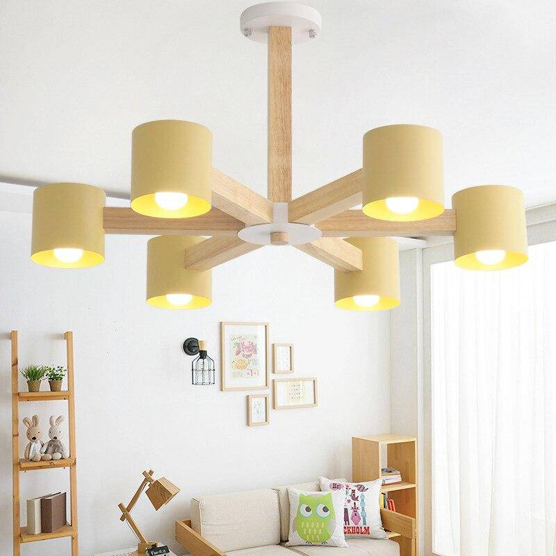 Wooden Ceiling Light with Multi-Colored Cylinder Spots