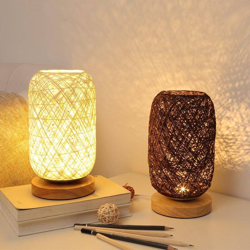 LED Rattan Table Lamp with Wooden Base and Rounded Shade