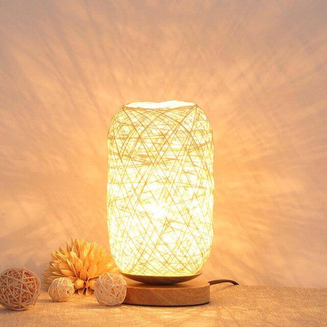 LED Rattan Table Lamp with Wooden Base and Rounded Shade