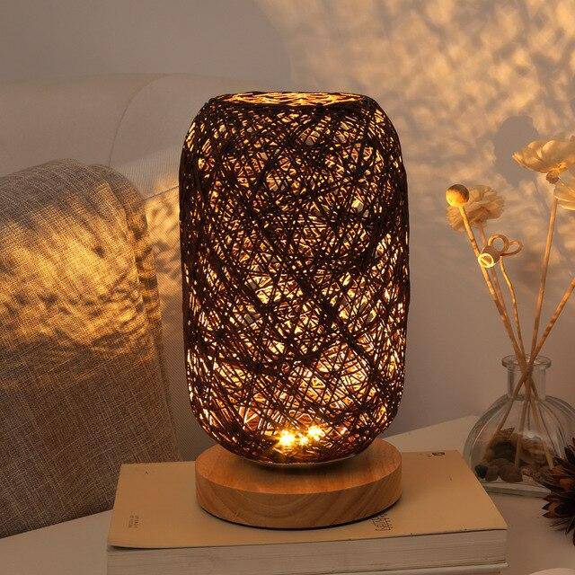 LED Rattan Table Lamp with Wooden Base and Rounded Shade