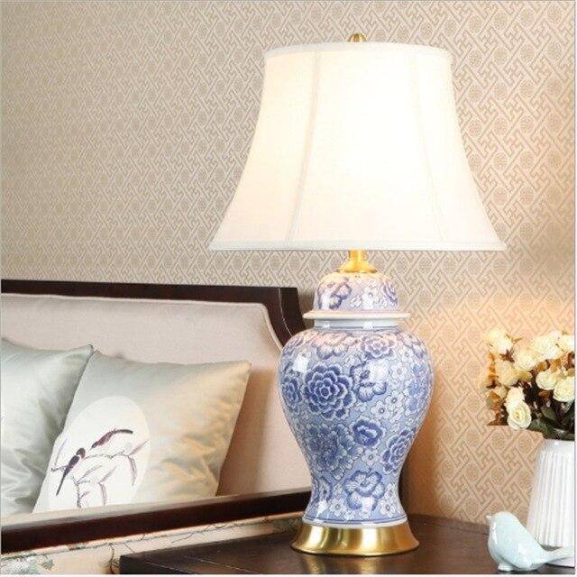Blue Ceramic LED Table Lamp with White Shade - Japanese Style