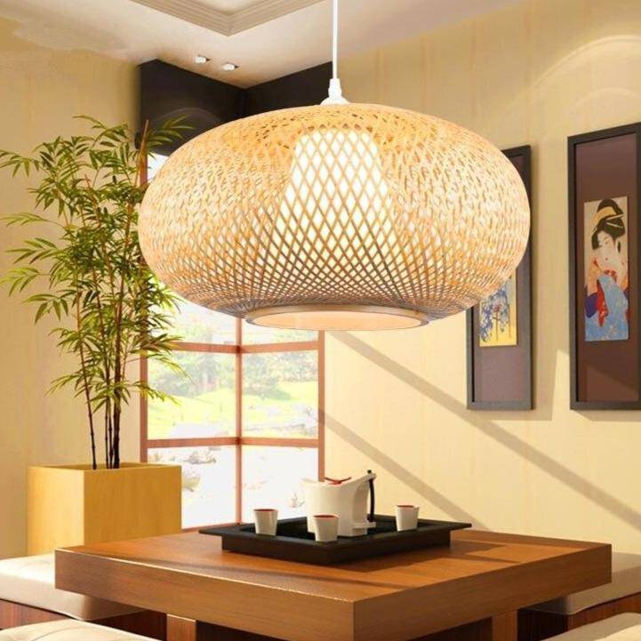 LED Rattan Suspension Light with Round Shade