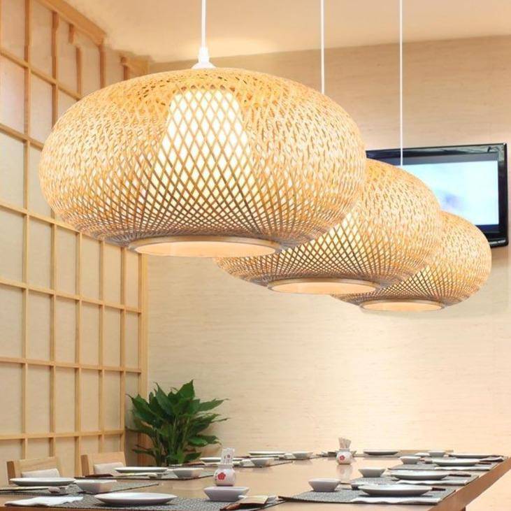 LED Rattan Suspension Light with Round Shade