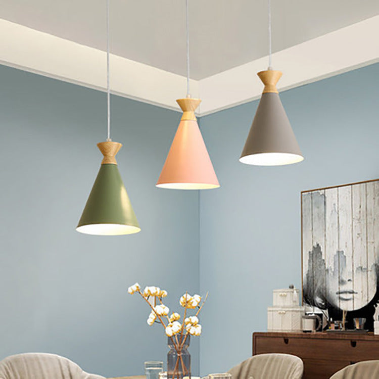 Scandinavian Pendant Light with Cone Shade and Wood Accent