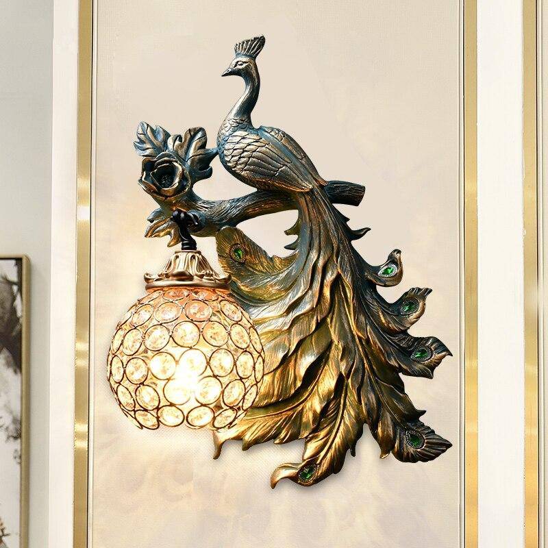 Vintage LED Wall Sconce with Glass Globe and Metal Peacock