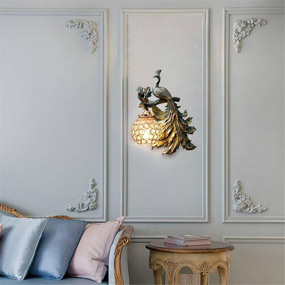 Vintage LED Wall Sconce with Glass Globe and Metal Peacock
