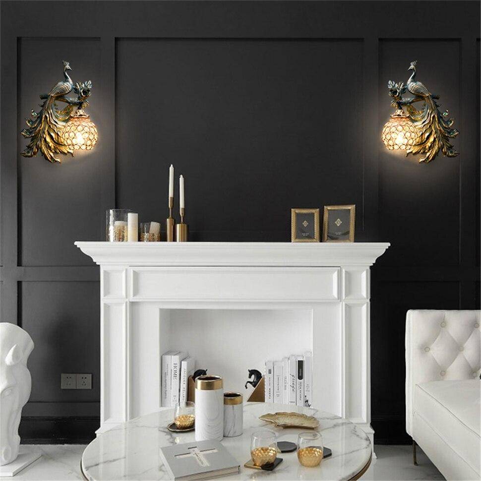 Vintage LED Wall Sconce with Glass Globe and Metal Peacock